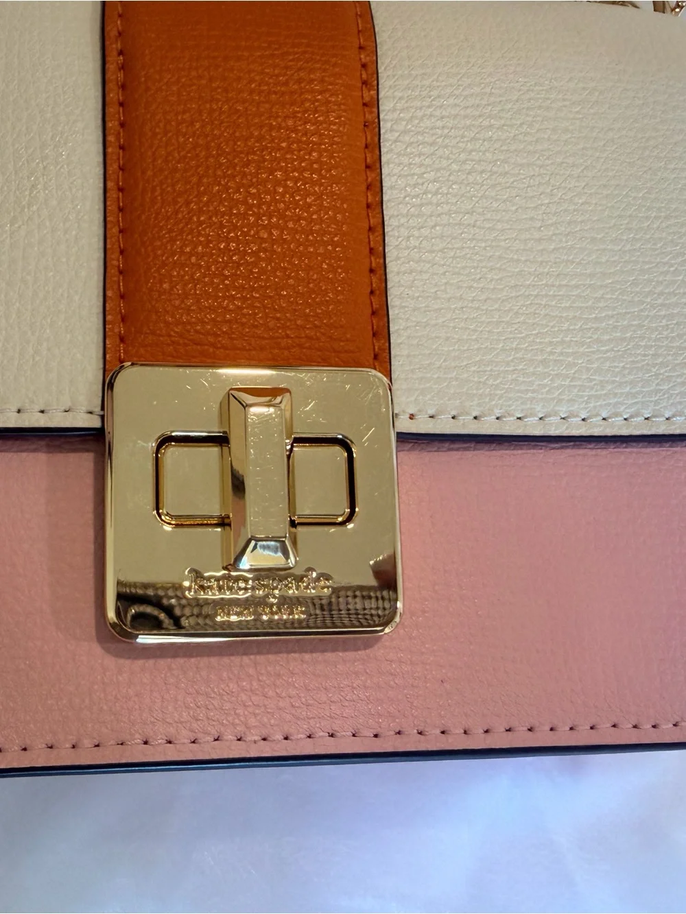 kate spade Colorblock Leather Crossbody in Cream, Orange & Pink with Heart Charm